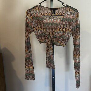 Forever 21 Boho Sheer Mesh Tie Front Crop Top – Multicolor – Size S
